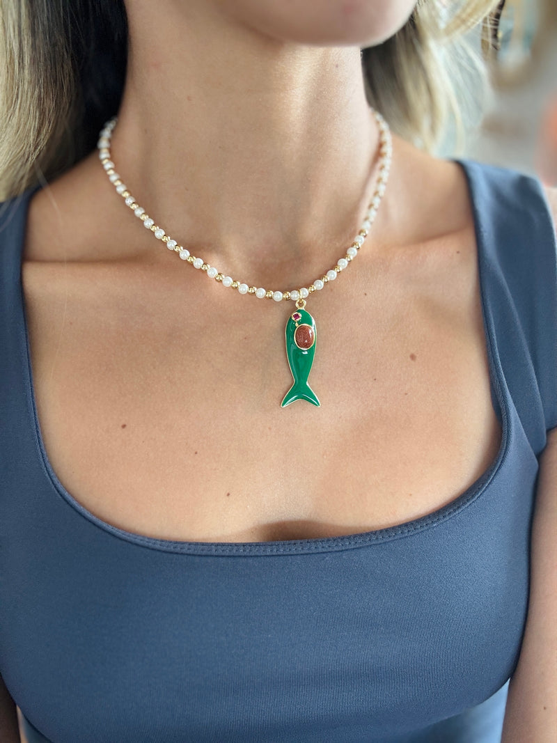 Pearl Necklace with Green Fish Pendant