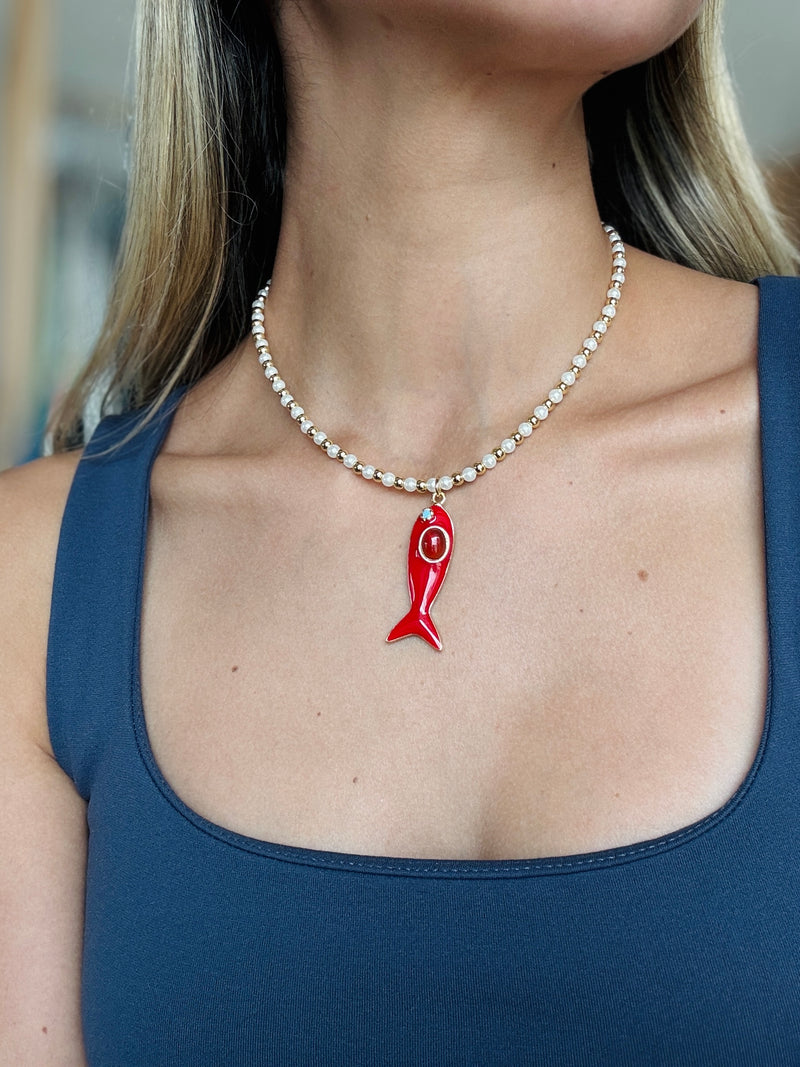 Pearl Necklace with Red Fish Pendant