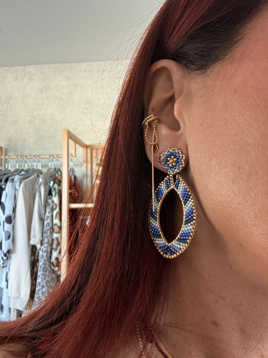 Blue Oval Beaded Earrings