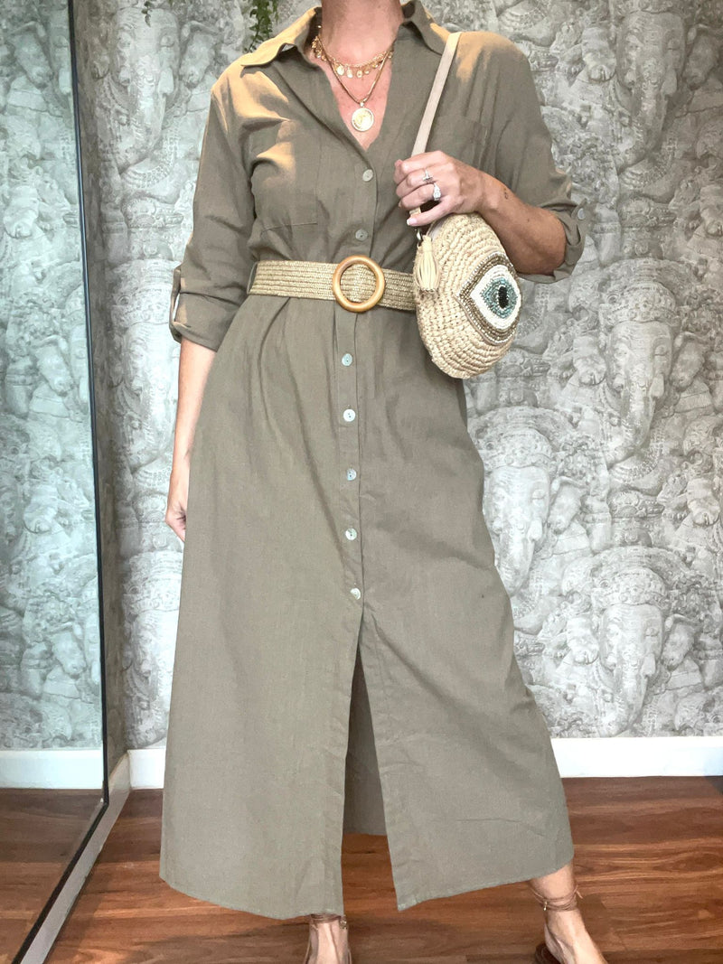 Linen Khaki Belted Shirt Dress