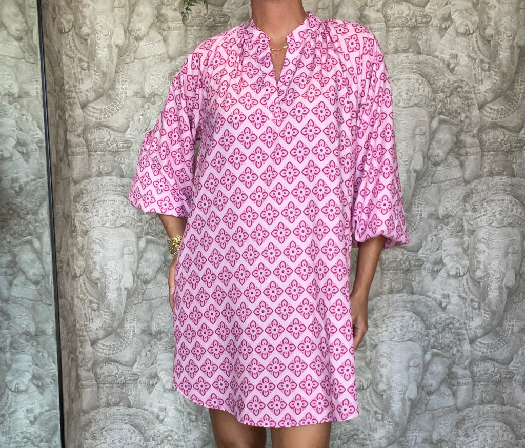 Pink Print Blouse Cover Up Mini Dress